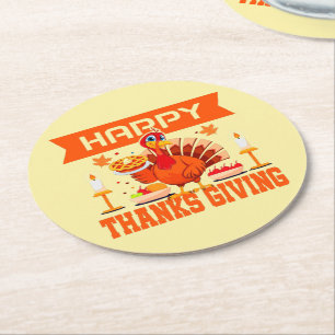 Happy Thanksgiving Turkey with Pie Round Paper Coaster