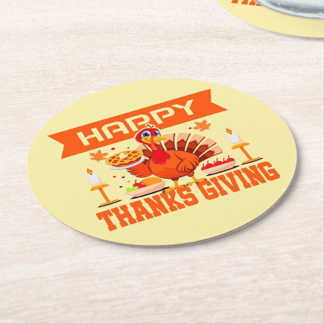 Happy Thanksgiving Turkey with Pie Round Paper Coaster (Angled)