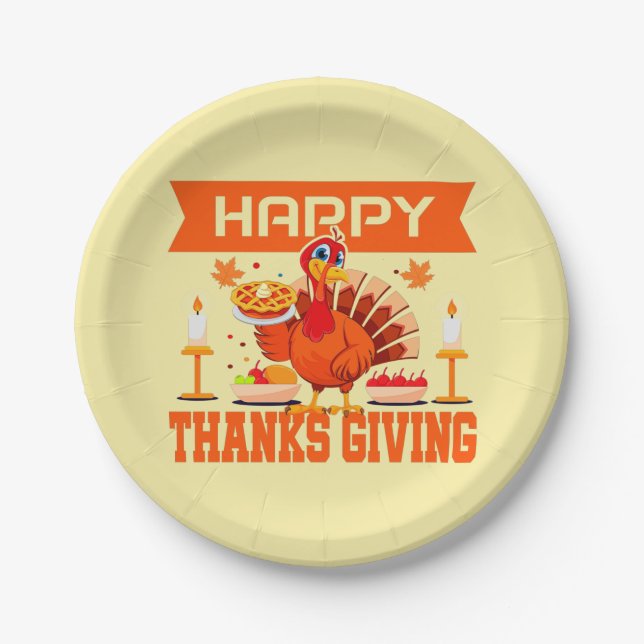 Happy Thanksgiving Turkey with Pie Small 9" Paper Plate (Front)