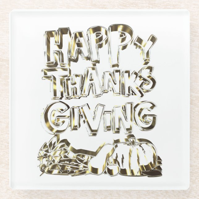 Happy Thanksgiving Typography Gold Harvest Pumpkin Glass Coaster (Front)