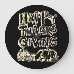 Happy Thanksgiving Typography Gold Harvest Pumpkin Large Clock