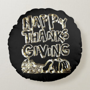 Happy Thanksgiving Typography Gold Harvest Pumpkin Round Cushion