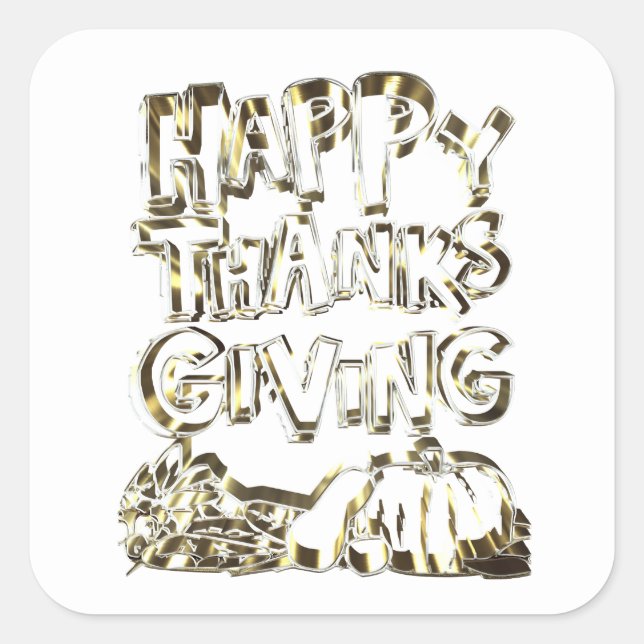 Happy Thanksgiving Typography Gold Harvest Pumpkin Square Sticker (Front)
