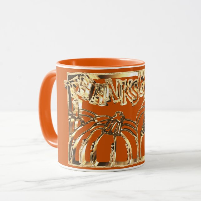 Happy Thanksgiving Typography Gold Orange Pumpkins Mug (Front Left)