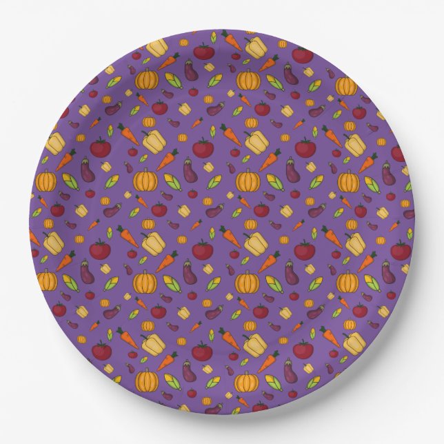 Happy thanksgiving  vegetables pattern lavender paper plate (Front)