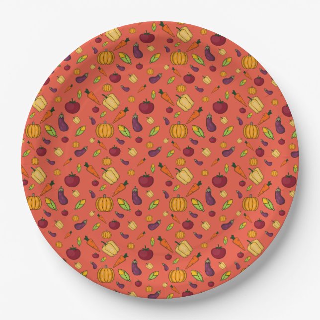 Happy thanksgiving  vegetables pattern orange paper plate (Front)
