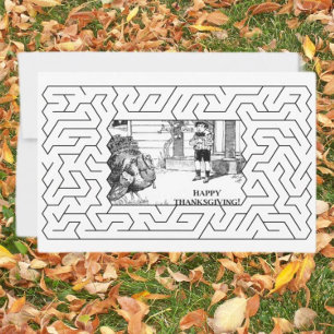 Happy Thanksgiving Vintage Drawing and Maze White Holiday Card