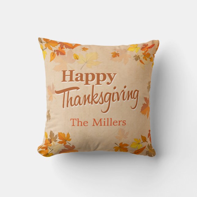 Happy Thanksgiving Vintage Rustic Autumn Leaves Cushion (Front)