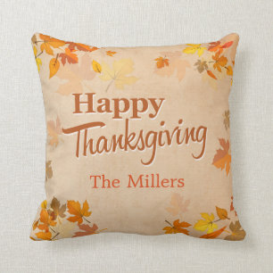 Happy Thanksgiving Vintage Rustic Autumn Leaves Cushion