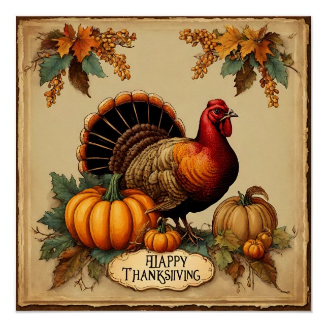 Happy Thanksgiving Vintage Turkey, Pumpkins  Poster (Front)