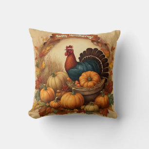 Happy Thanksgiving Vintage Turkey with Pumpkins  Cushion