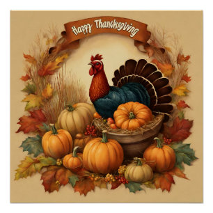 Happy Thanksgiving Vintage Turkey with Pumpkins Poster