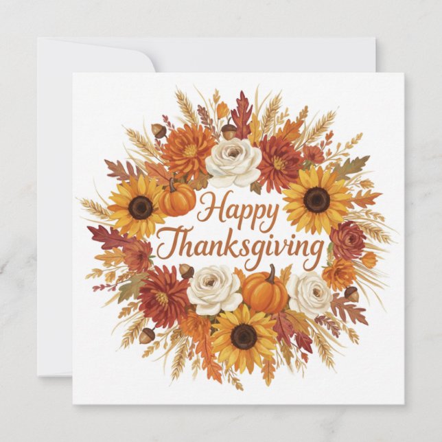 Happy Thanksgiving Watercolor Autumn Floral Wreath Holiday Card (Front)