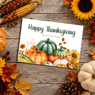 Happy Thanksgiving Watercolor Autumn Harvest Holiday Card
