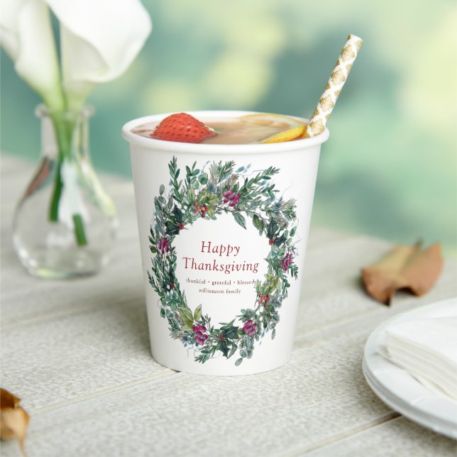 Happy Thanksgiving Watercolor Autumn Wreath Paper Cups (Insitu)