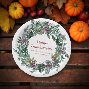 Happy Thanksgiving Watercolor Autumn Wreath Paper Plate