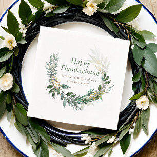Happy Thanksgiving Watercolor Fall Foliage Wreath Napkin