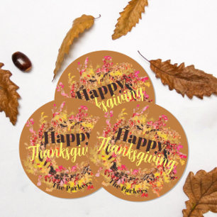 Happy Thanksgiving Watercolor Fall Leaves Wreath Classic Round Sticker