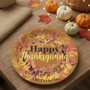 Happy Thanksgiving Watercolor Fall Leaves Wreath  Paper Plate