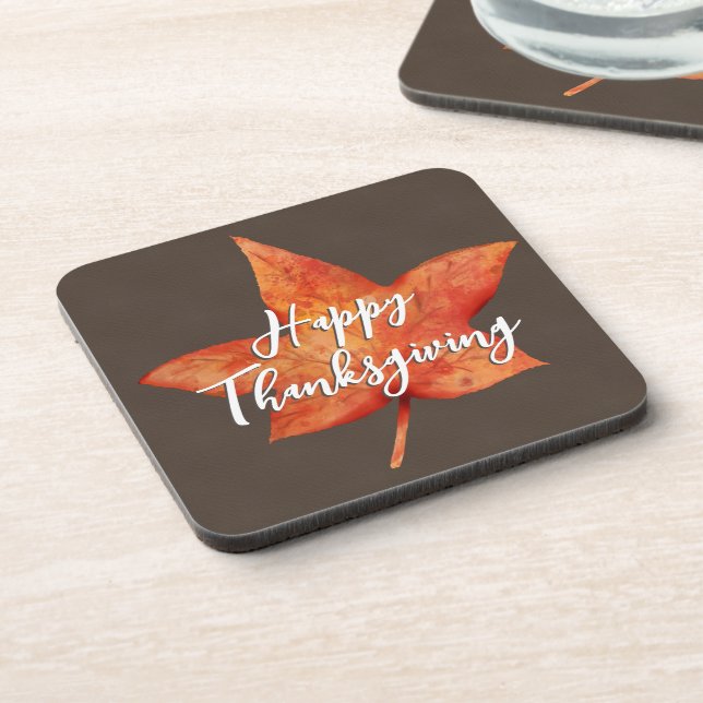 Happy Thanksgiving Watercolor Fall Maple Leaf Coaster (Left Side)