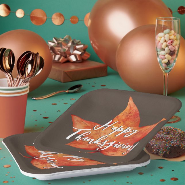 Happy Thanksgiving Watercolor Fall Maple Leaf Paper Plate (Multi)