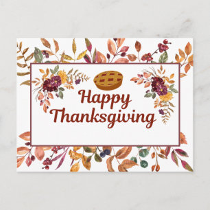 Happy Thanksgiving Watercolor Leaves, Berries Holiday Postcard