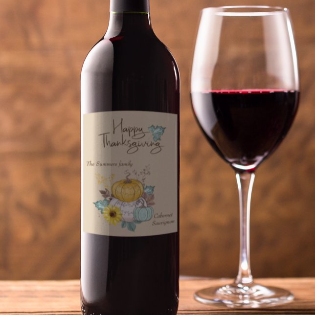 Happy Thanksgiving Watercolor Pretty Pumpkin Wine Label (Creator Uploaded)