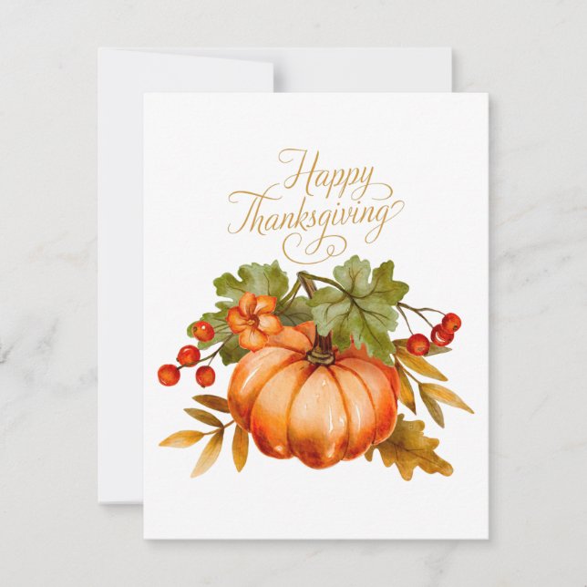 Happy Thanksgiving Watercolor Pumpkin and Berries  Holiday Card (Front)