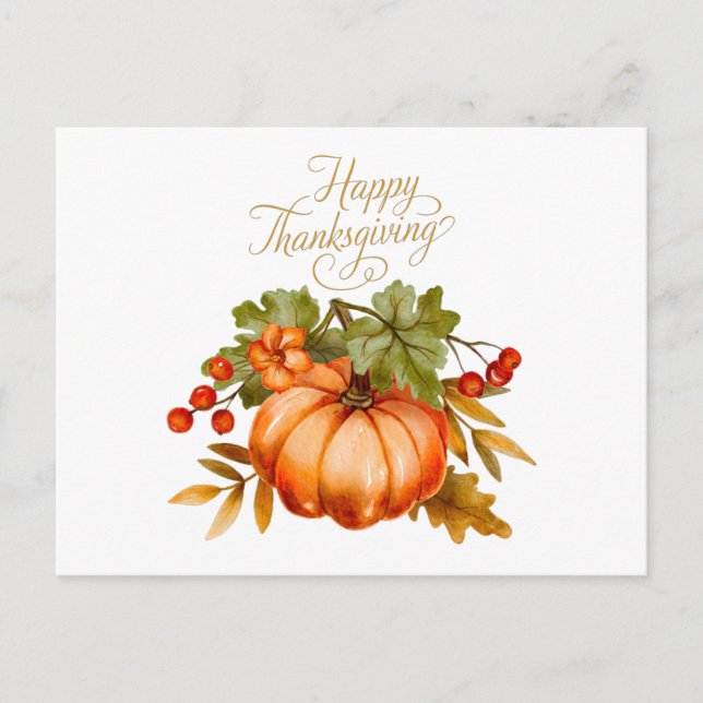 Happy Thanksgiving Watercolor Pumpkin and Berries  Postcard (Front)