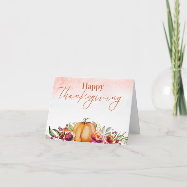 Happy Thanksgiving Watercolor Pumpkin and Flowers  Card (Front)