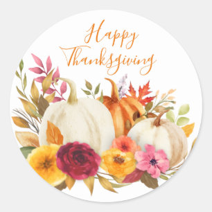 HAPPY THANKSGIVING WATERCOLOR PUMPKIN GARDEN CLASSIC ROUND STICKER