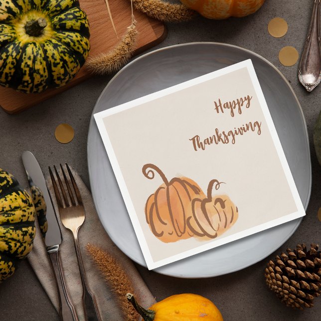 Happy Thanksgiving Watercolor Pumpkin Paper Napkin (Happy Thanksgiving Watercolor Pumpkin Paper Napkin)