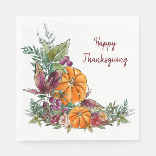 Happy Thanksgiving Watercolor Pumpkins Autumn Napkin