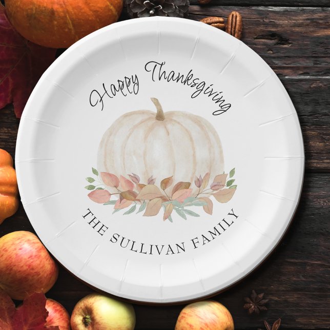 Happy Thanksgiving White Pumpkin Paper Plate (Creator Uploaded)