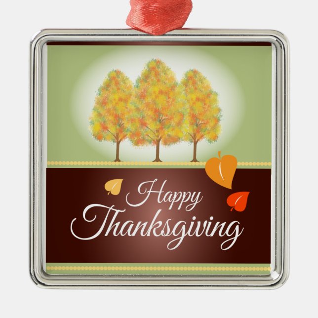 Happy Thanksgiving with Fall Trees Metal Ornament (Front)