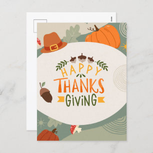 Happy Thanksgiving with Hat, Pumpkin and Pine  Holiday Postcard