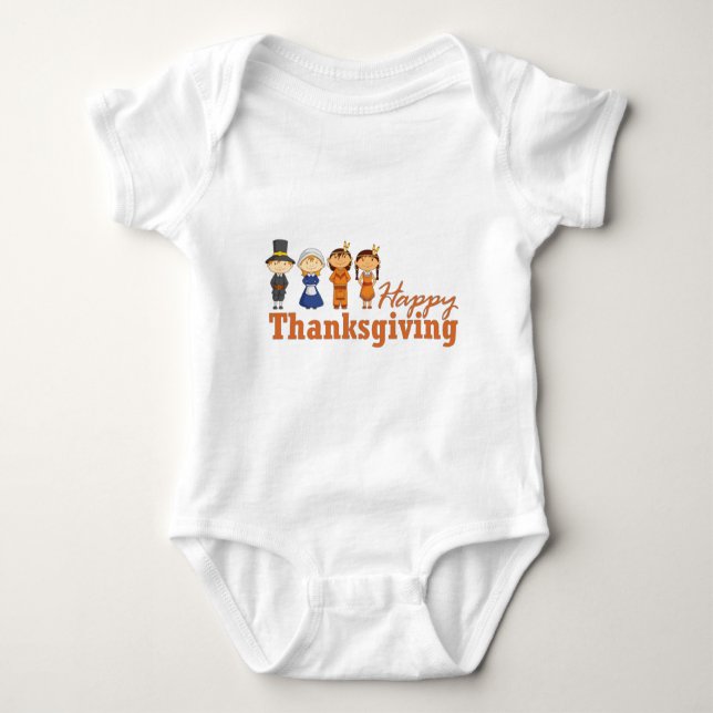 Happy Thanksgiving with Pilgrim Native American Baby Bodysuit (Front)