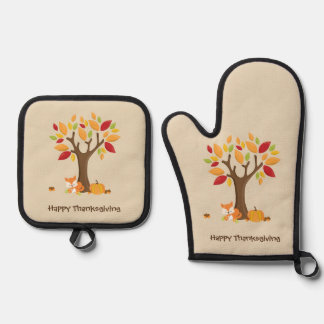 Happy Thanksgiving with Tree, Fox & Pumpkin Oven Mitt & Pot Holder Set