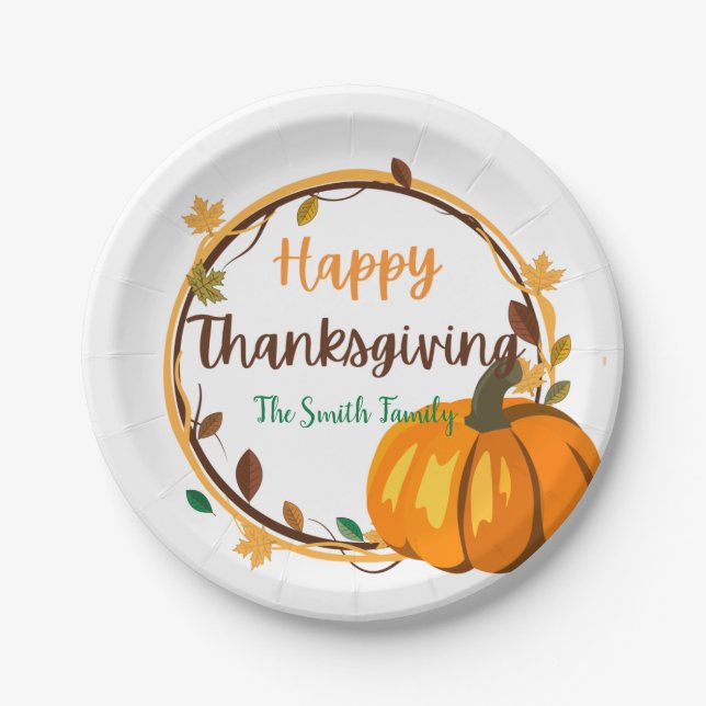 Happy Thanksgiving Wreath Paper Plates, 7" Round Paper Plate (Front)