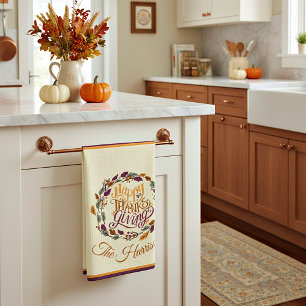 Happy Thanksgiving wreath personalised Tea Towel