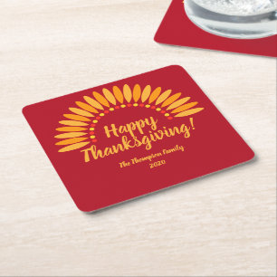 Happy Thanksgiving Yellows on Red Add Name & Year Square Paper Coaster