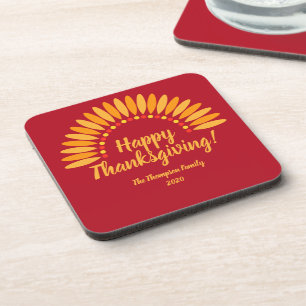 Happy Thanksgiving Yellows Red Add Name & Year Coaster