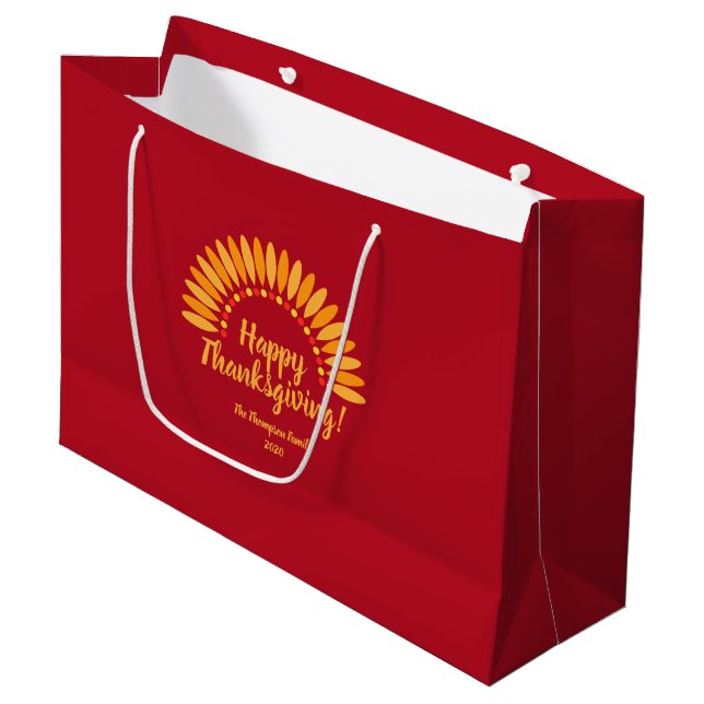 Happy Thanksgiving Yellows Red Add Name & Year Large Gift Bag (Front Angled)
