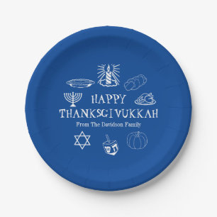 Happy Thanksgivukkah blue Thanksgiving Hanukkah Paper Plate