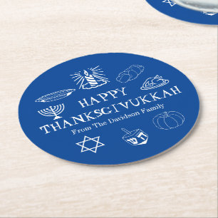 Happy Thanksgivukkah blue Thanksgiving Hanukkah Round Paper Coaster