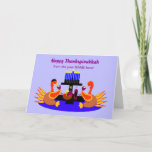 Happy Thanksgivukkah Funny Turkey Greeting Card<br><div class="desc">A humorous original c.a.teresa illustration greeting card or invitation featuring a couple of wine toasting turkeys, one with a yamaka, at a dinner table with a menorah and Star of David. The perfect card to celebrate the combination of Thanksgiving and Hanukkah which will be falling together this year. These colorful...</div>