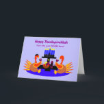 Happy Thanksgivukkah Funny Turkey Greeting Card<br><div class="desc">A humorous original c.a.teresa illustration greeting card or invitation featuring a couple of wine toasting turkeys, one with a yamaka, at a dinner table with a menorah and Star of David. The perfect card to celebrate the combination of Thanksgiving and Hanukkah which will be falling together this year. These colorful...</div>