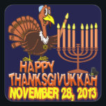 Happy Thanksgivukkah Thankgiving Hanukkah 2013 Square Sticker<br><div class="desc">It's the very funny 'Happy Thanksgivukkah' stickers. That's right... this year, for the only time in our lives, Hanukkah falls on Thanksgiving! This classic sticker commemorates this extremely rare occurrence with a funny cartoon turkey wearing a yamaka, and lighting the Menorah. A festive orange yellow and brown fall design includes...</div>