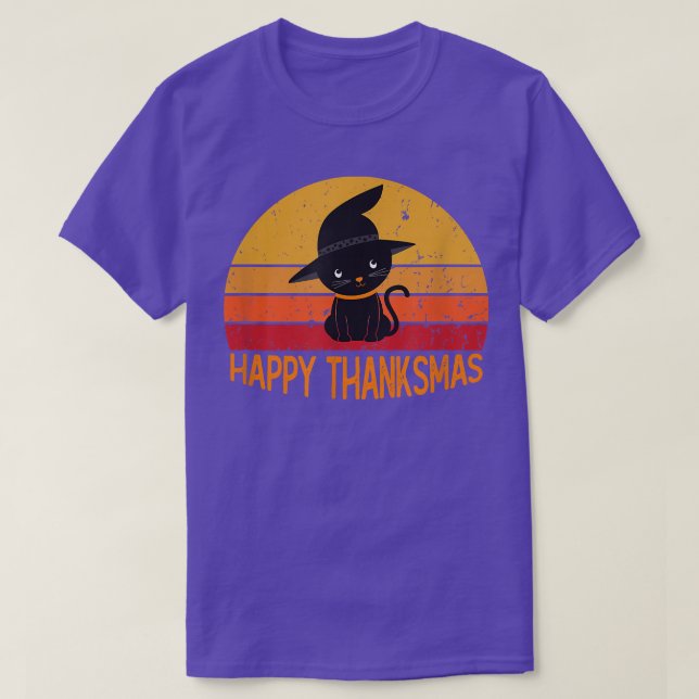 Happy Thanksmas Cat Lovers Black Cat Thanksgiving  T-Shirt (Design Front)