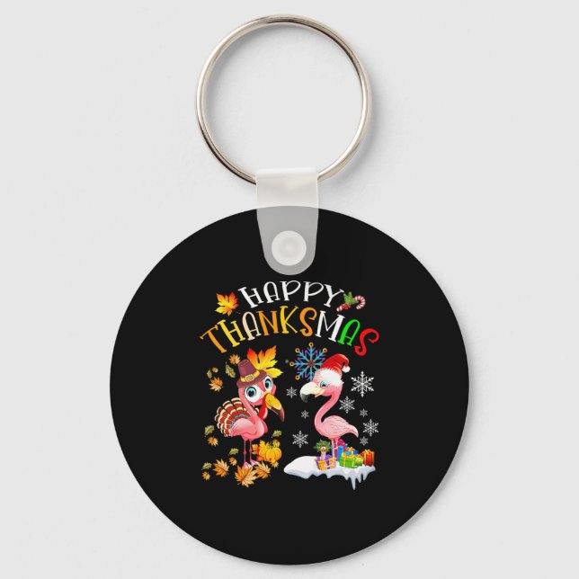 Happy Thanksmas Flamingo Couple Thanksgiving Chris Key Ring (Front)